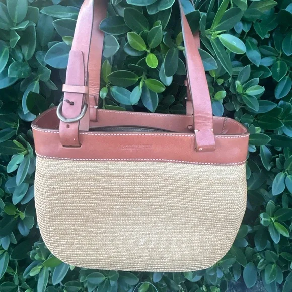 Vintage Dooney & Bourke Brown Leather and Tan woven raffia Women's Bag tote - Picture 4 of 15